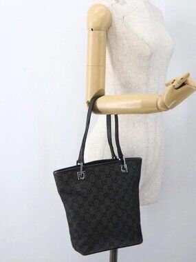 GUCCI GG Canvas Tote Bag Black Silver
